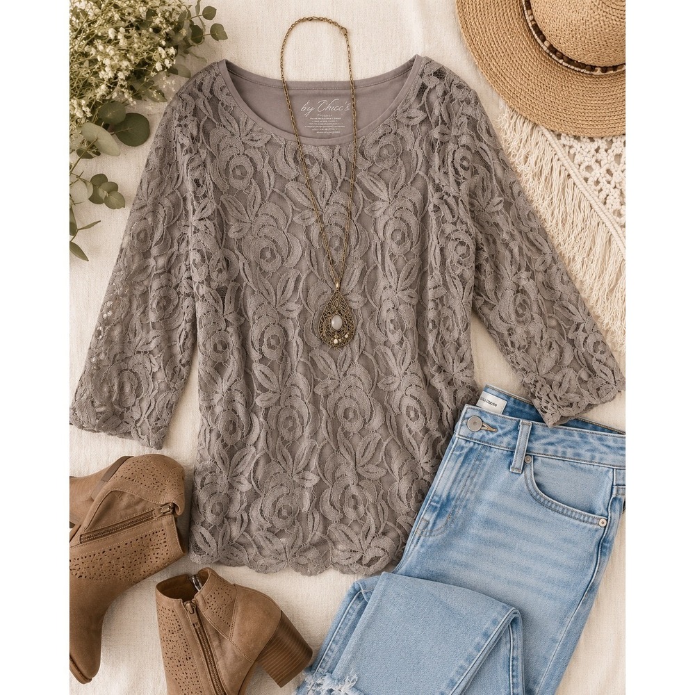 Chico's Size 2‎ Gray Floral Lace Tunic Top Romantic Boho Cottagecore
